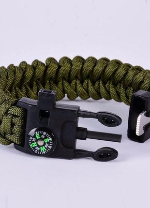 Паракордовый браслет для выживания с огнивом свистком компасом. edc браслет из паракорда зеленый.10 фото