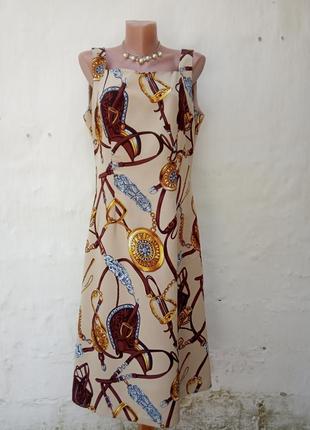 Красивое бежевое шёлковое платье миди в принт 👑 hermes.1 фото