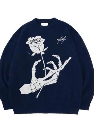 Темно синий свитер с розой с7092 фото