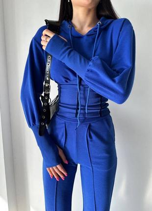Костюм спортивный женский электрик однотонный худи с корсетом с капишоном брюки джоггеры на высокой посадке с карманами качественный стильный3 фото