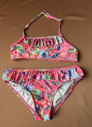 Розовый в цветах купальник открытый бюст с паралоном