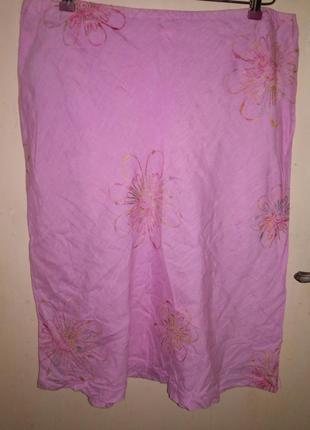 Гарненька,ніжно-рожева,лляна спідничка на резинці,з вишивкою,в стилі бохо,14/18рр.