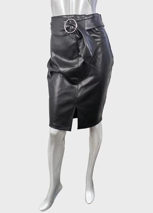 Кожаная черная юбка с передним разрезом, мини-юбка (кожзам)