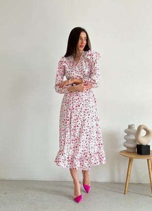 Плате миди на запах голубое розовое в цветочек с оборками с рюшами женственное романтичное вечернее на выход повседневное с пышной юбкой расклешенное