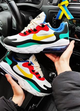 Чоловічі кросівки nike air max 270 react білі бірюзові з червоним жовтим та синім капсула прозора реактивна найк технологічна піна react