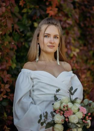 Весельное белое платье миди на свадьбу, роспись, загс, рагс овчание, платье для...