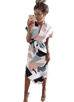 🎨разноцветное платье с разрезами под пояс/белое платье миди с разноцветным геометрическим рисунком 🎨1 фото