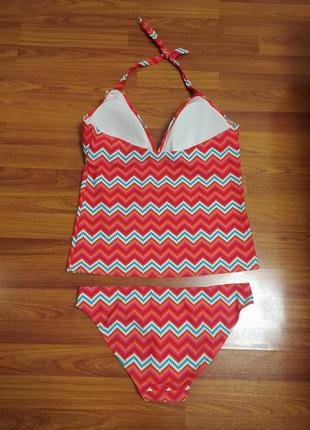 Купальний костюм жіночий купальник великий розмір 50-52 в смужку геометричний кораловий труси+майка пляжний2 фото