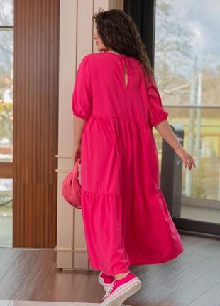 Платье весеннее большого размера батал малиновое розовое бежевое хаки зеленое свободное длинное с пышной юбкой расклешенное летнее4 фото
