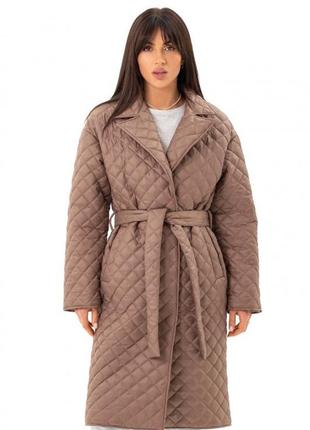 Пальто женское миди стеганое деми, демисезонное, осеннее, весеннее капучино6 фото