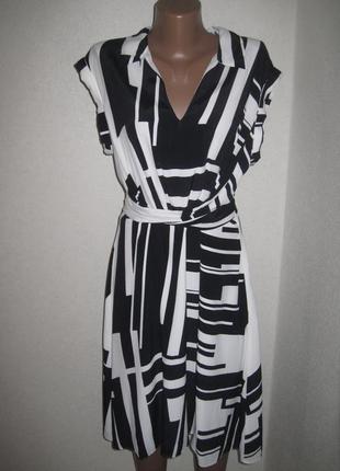 Черно-белое вискозное платье с завязкой на талии hobbs р-р16,6 фото