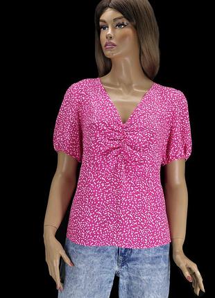Красивая малиновая вискозная блузка "peacocks" с мелким принтом. размер uk14.