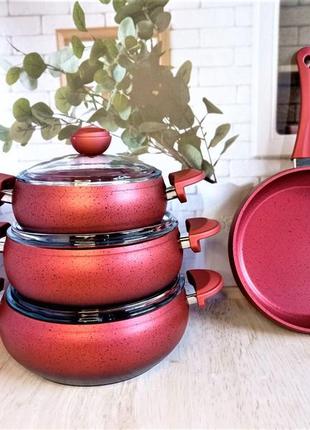 Набір посуду o. m. s collection (туреччина) з антипригарним покриттям з 7-ми (4/3) предмктів 3017 червоний