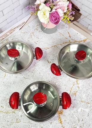 Набор кухонной посуды (омлетницы) из 6 (3/3) предметов o.m.s.collection(турция), арт. 1034, ручки красные6 фото