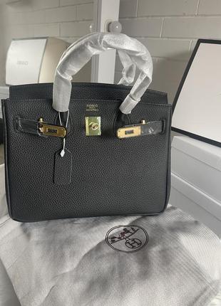 Жіноча шкіряна чорна сумка в стиле hermes birkin 30 см