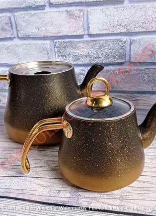 Чайник подвійний (1.8 / 3.7л) з антипригарним покриттям oms collection(туреччина) 8200-xl золото5 фото