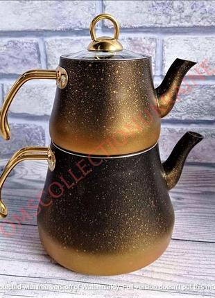 Чайник подвійний (1.8 / 3.7л) з антипригарним покриттям oms collection(туреччина) 8200-xl золото2 фото