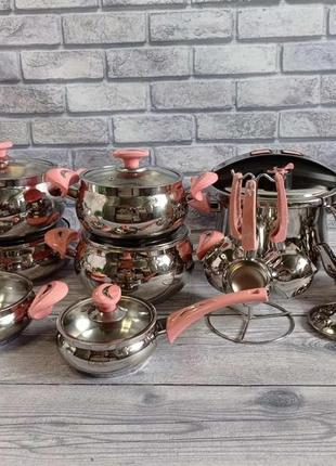 Набор кухонной посуды из 22 предметов, нерж.сталь., ручки бакелит, oms collection (турция), арт. 1028 розовый2 фото