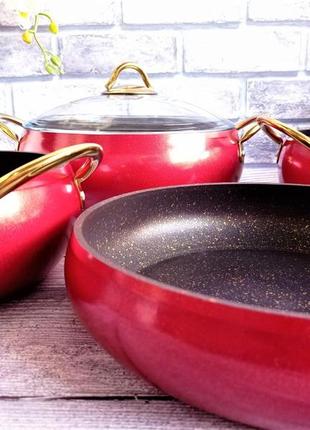 Набор кухонной посуды 9 предметов (5/4) с антипригарным покрытием oms collection (турция) 3040 красный3 фото