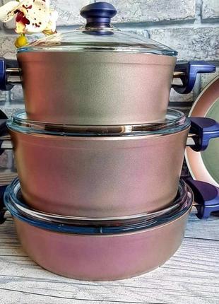 Набор посуды o.m.s.collection (турция) антипригарное покрытие 7 предметов 3016 зелёный фиолет5 фото
