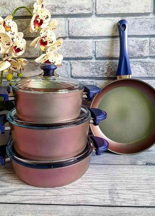 Набор посуды o.m.s.collection (турция) антипригарное покрытие 7 предметов 3016 зелёный фиолет1 фото