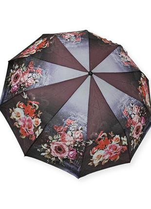 Женский зонтик полуавтомат с цветами на 10 карбоновых спиц1 фото