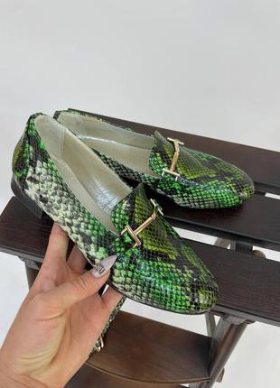 Класичні туфлі лофери з натуральної шкіри колір зелений пітон 36-421 фото