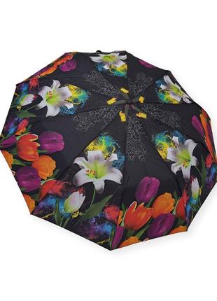 Жіноча парасолька напівавтомат з квітами на 10 карбонових спиць.
