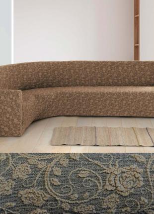 Чехлы на угловой диван без оборки жаккардовый, еврочехол на угловой диван натяжной песочный1 фото