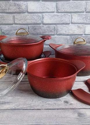 Набор посуды с антипригарным покрытием (8 предметов + прихватки) o.m.s 3038 красный4 фото
