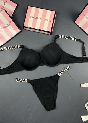 Комплект черного женского нижнего белья victoria’s secret модель буквы стразы виктория сикрет