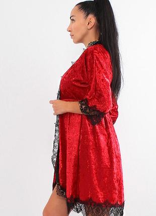 Молодежный домашний халат женский велюровый с кружевом3 фото