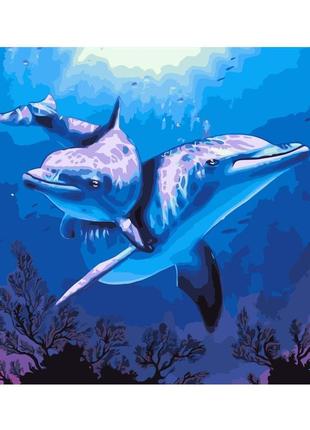 Картина за номерами strateg преміум дельфіни з лаком та рівнем розміром 40х50 см va-2221