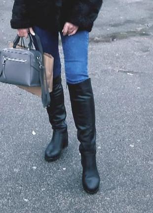 Женские черные ботфорты, кожаные сапоги зимние высокие2 фото