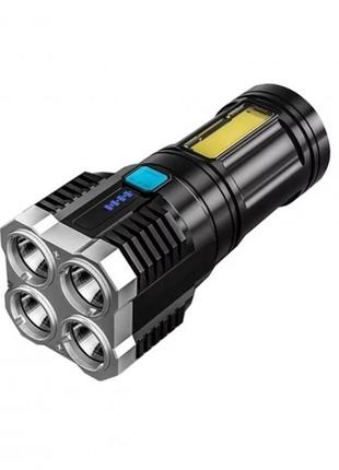 Потужний акумуляторний ліхтар x509/s03-4led+cob з/у usb-micro, чорний, abs пластик