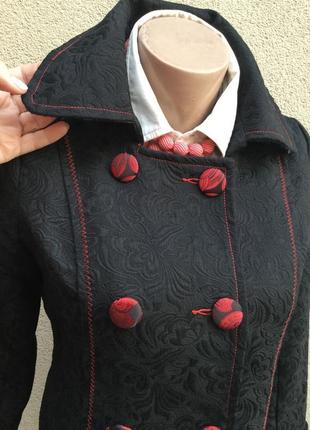 Фактурное,чёрное пальто с красной вышивкой,тренч,плащ,хлопок,desigual2 фото