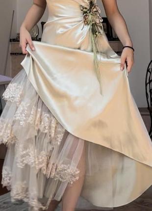 Плаття вечірнє довге в пол шовкове для дружки весільне брендове корсет нове chanel біле бежеве з мереживом ідеальне коктельйне плаття5 фото