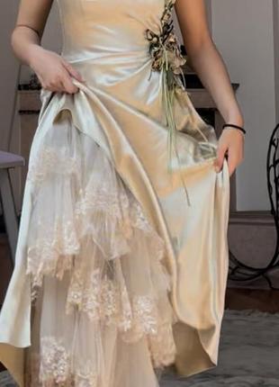 Плаття вечірнє довге в пол шовкове для дружки весільне брендове корсет нове chanel біле бежеве з мереживом ідеальне коктельйне плаття3 фото