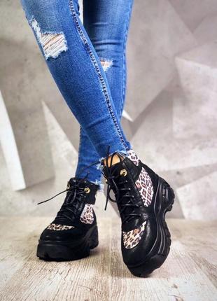 Женские черные кожаные кроссовки хайтопы на высокой платформе с леопардовыми вставками, 38р2 фото