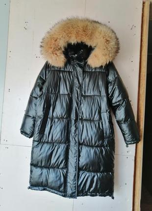 Тепла зимова куртка пуховик з натуральним величезним хутром єнот хутро знімається тёплая зимняя курт