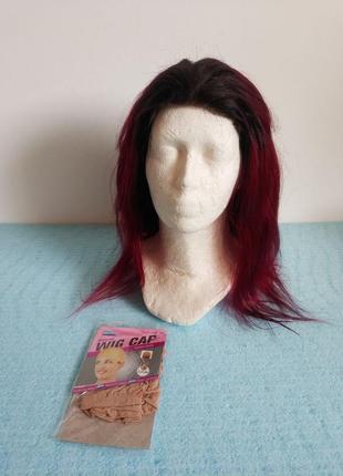 Женский термо парик черно-бордовый