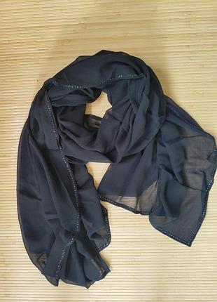 Широкий чорний палантин креп розшитий бісером