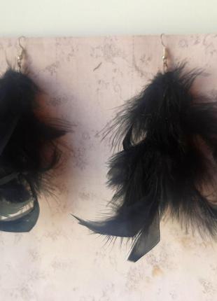 Серьги перья длинные черные страус лёгкие бижутерия сережки2 фото