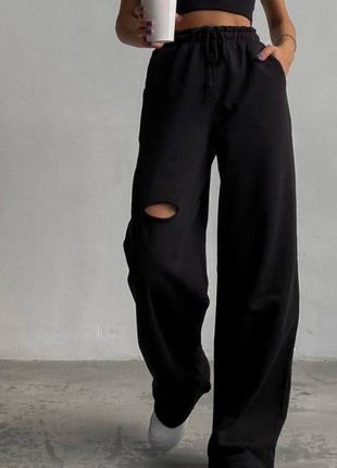Штаны спортивные женские черные однотонные на высокой посадке с карманами свободного кроя на резинке стильные качественные