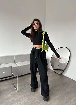 Женские брюки широкие с двойной резинкой в стиле balenciaga, спортивные брюки черные с двойной талией