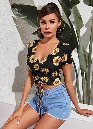 Топ принт соняхи кроп топ со стяжкой драпировкой