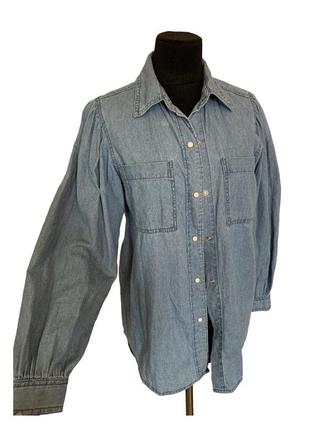 Джинсова блуза сорочка з об’ємними рукавами5 фото