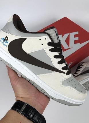 Чоловічі кросівки nike sb dunk low x travis scott playstation 1 замшеві шкіряні бежеві сірі