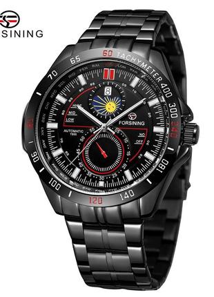 Чоловічий годинник, механіка з автопідзаводом forsining 8238 all black steel