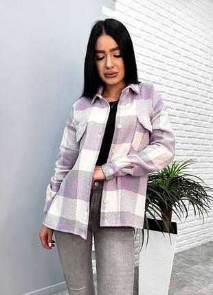 Жіноча тепла картата сорочка 46-48. лавандовий із сірим